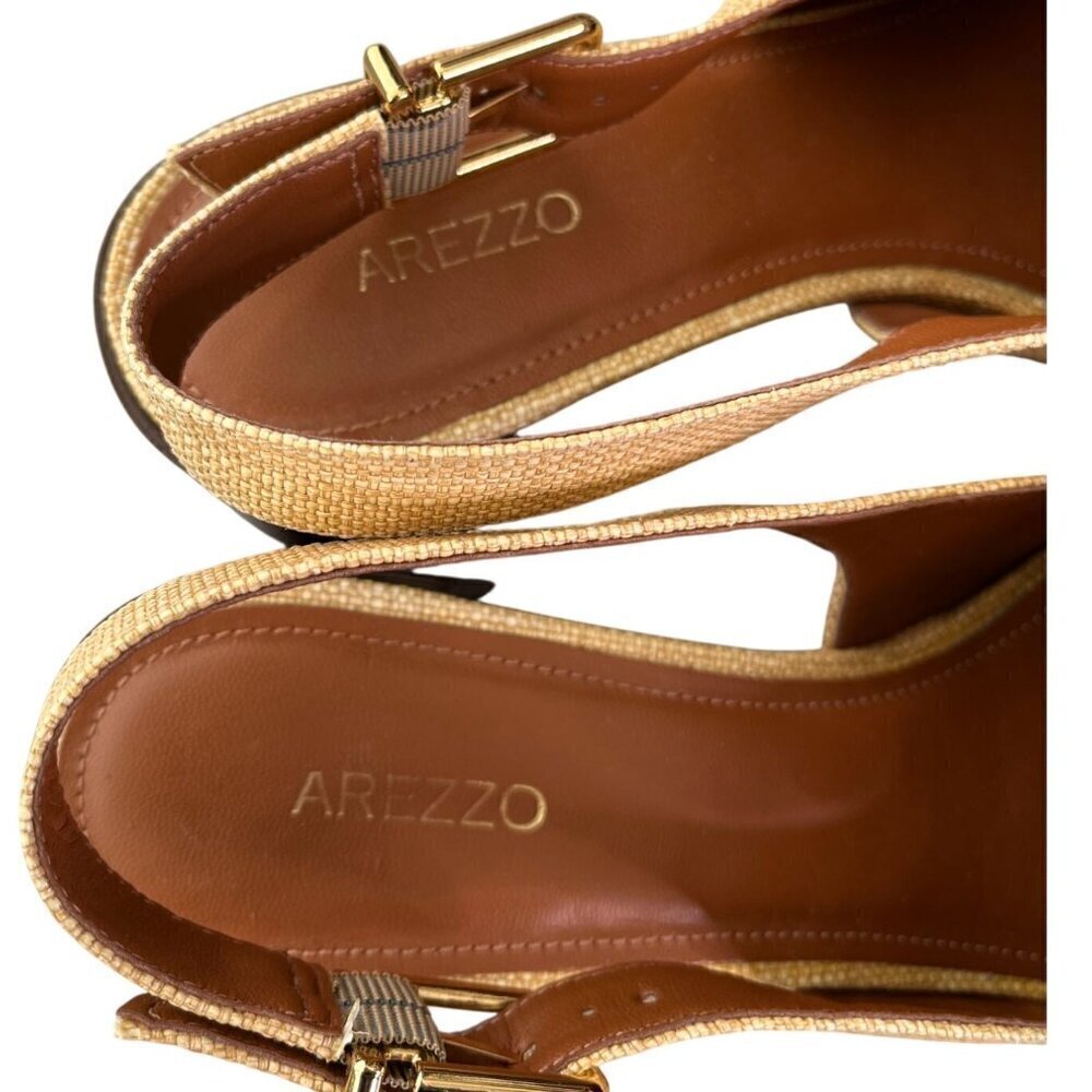 Arezzo Emory Crystal Slingback Pumps Tan Raffia Brown Leather Heels Size 11 - Picture 8 of 12